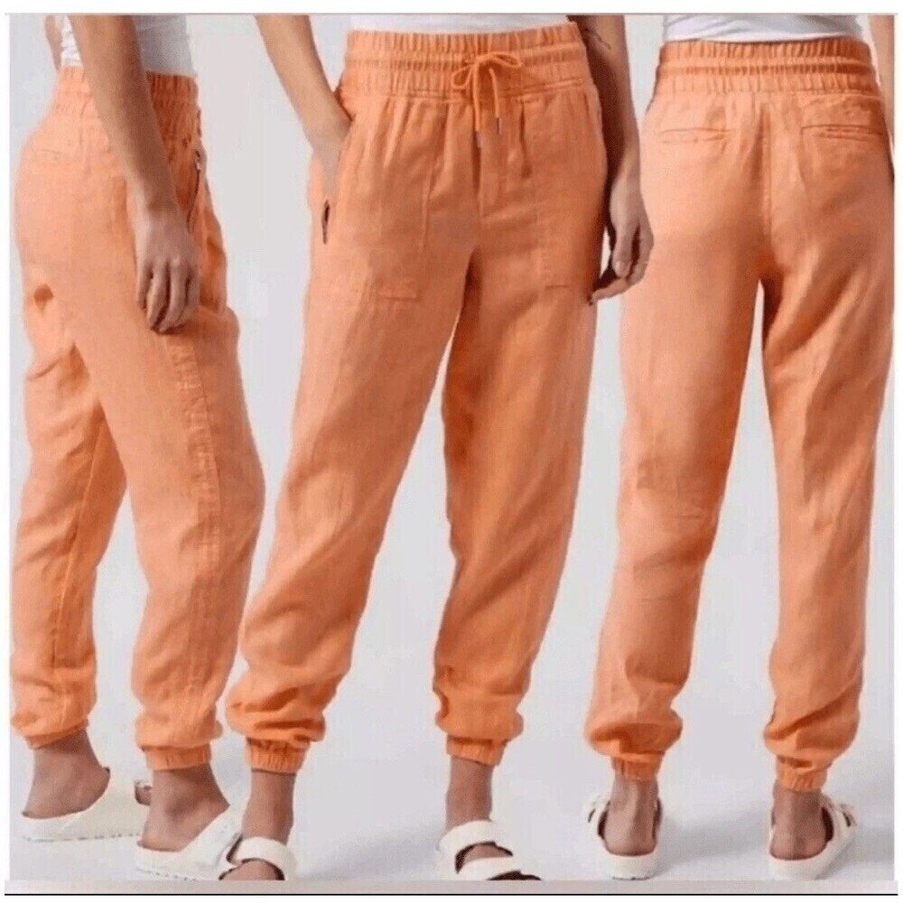 Athleta Cabo Jogger Pants Womens 14 Orange High Rise 100% Linen Zip Pockets